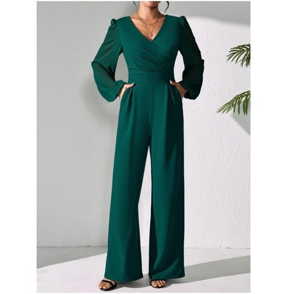 Pink Queen Pants - Pink Queen Jumpsuit Dressy Chiffon Sleeve V Neck Wide Leg Romper Green Womens S